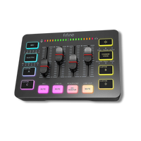 A black audio mixing console with colorful backlit buttons and sliders, featuring a display for various sound effects, voice modulation options, and customizable controls. With a sleek and modern design suited for streaming or podcasting setups.