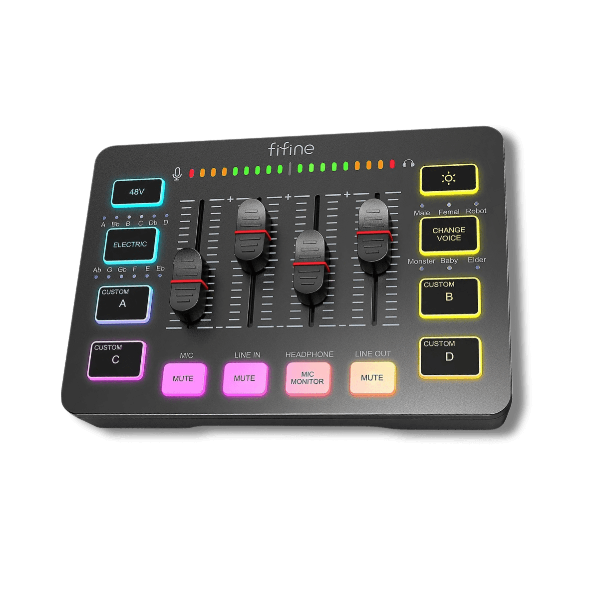 A black audio mixing console with colorful backlit buttons and sliders, featuring a display for various sound effects, voice modulation options, and customizable controls. With a sleek and modern design suited for streaming or podcasting setups.