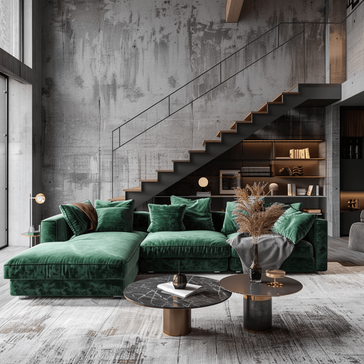 a stylish living room with a modern industrial design. It features a green velvet sectional sofa, a black marble coffee table, and a sleek staircase. The background includes a textured concrete wall, built-in shelves with décor, and warm lighting.