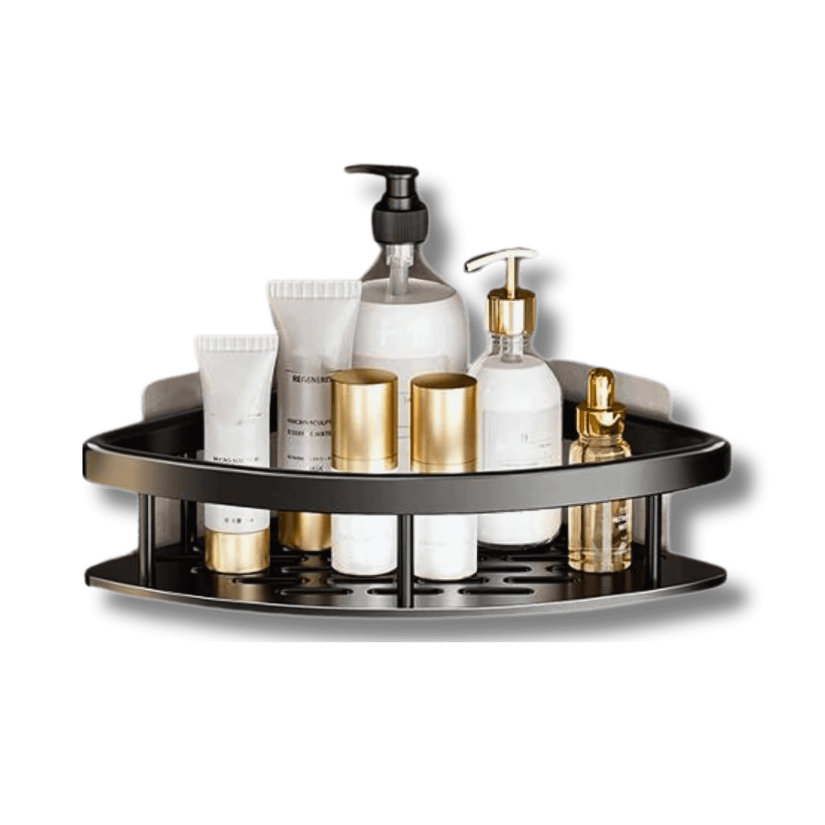 black corner shelve loaded with various white and gold bottles and toiletries.