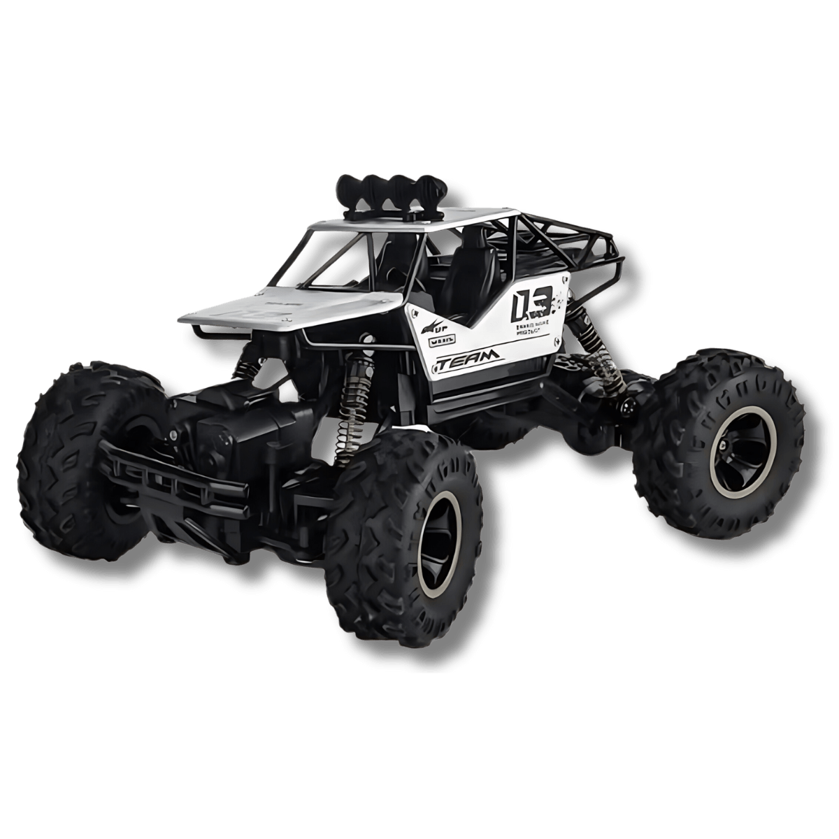 White Off-road RC car with large tires and rugged frame.