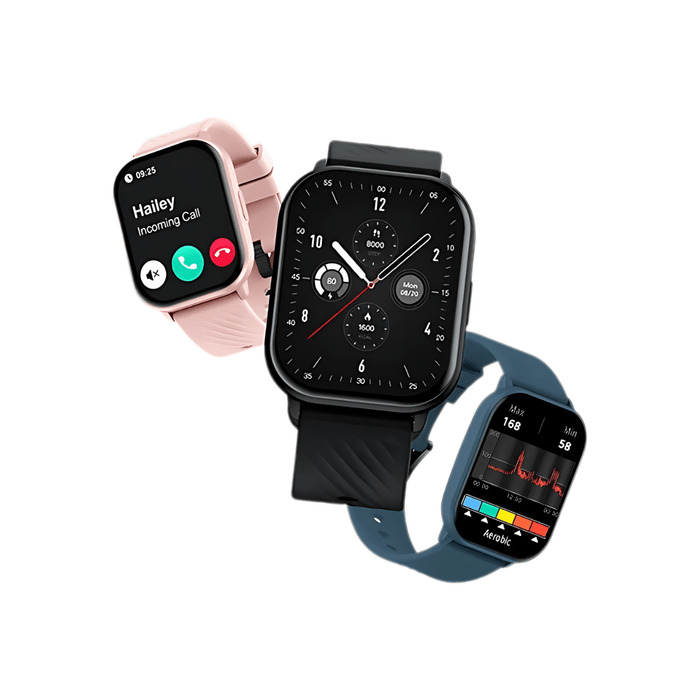 three smartwatches with different colored straps (black, pink, and blue). The watches display various functions such as incoming calls, step count, and heart rate monitoring, showcasing their versatility.