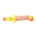 A yellow duck plush dog toy with an orange striped body