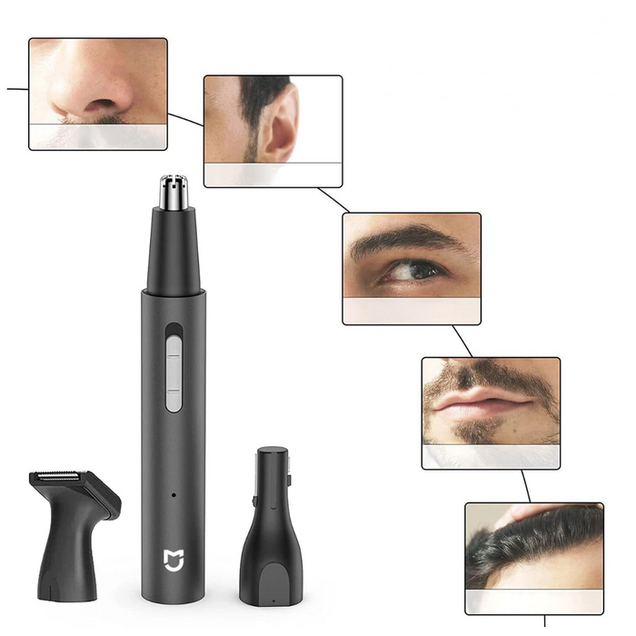 The grooming tool in use, with inset images showing different grooming applications such as trimming nose hair, shaping sideburns, grooming eyebrows, and maintaining a beard, demonstrating the tool's multifunctional capabilities.