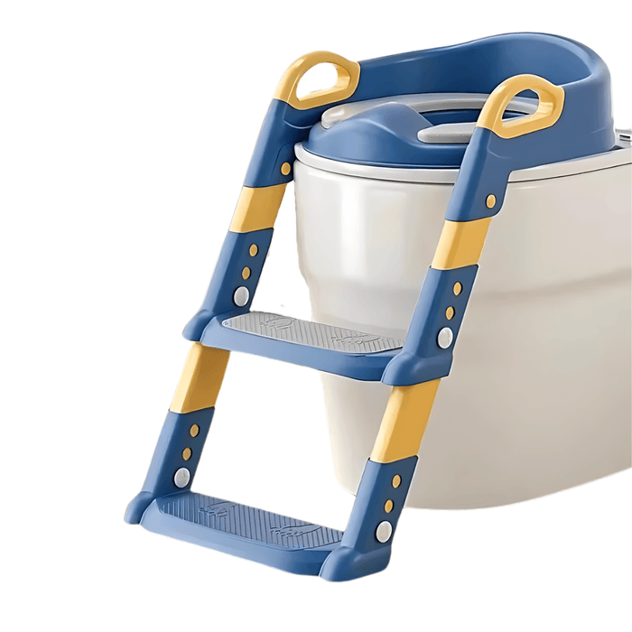 A blue and yellow toddler toilet seat with attached step ladder positioned on a white toilet.