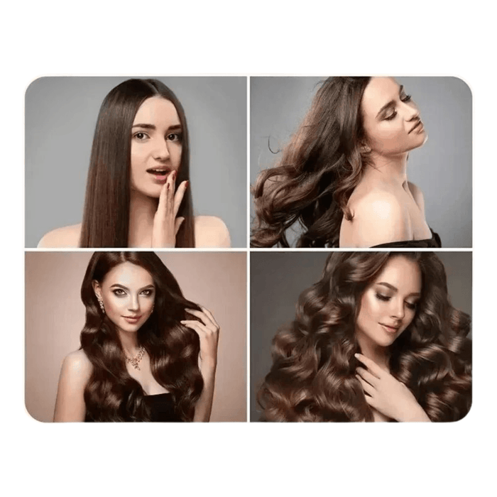 Four women showcasing different hairstyles: straight, wavy, and voluminous curls.