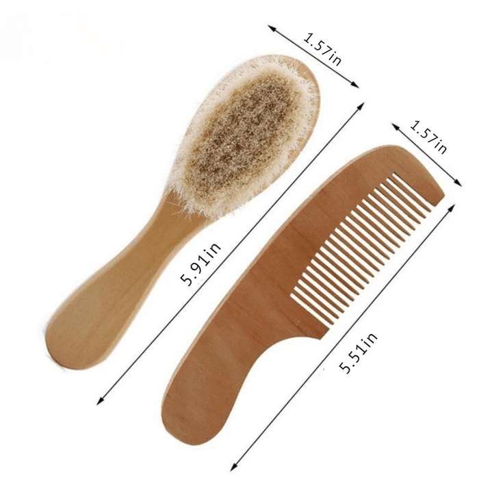 A wooden baby hairbrush with soft bristles and a wooden comb, with labeled dimensions: the brush is 5.91 inches long and 1.57 inches wide, the comb is 5.51 inches long and 1.57 inches wide.