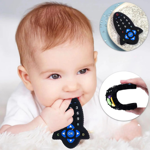 A baby chewing on a black silicone teether shaped like a remote control, with an inset image showing the teether soaking in water and another showing it being bent.