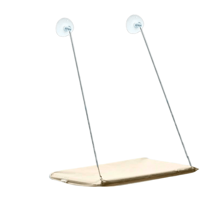 A minimalistic khaki cat hammock with suction cups and metal rods, designed to attach to a window, shown without any additional elements.