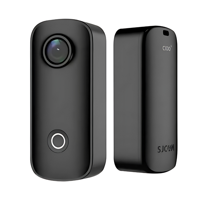 A black compact action camera shown from two angles, front and side, displaying its sleek and minimalistic design.