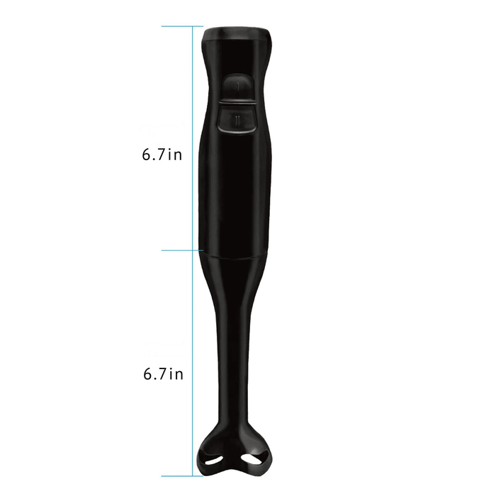 A black handheld immersion blender measuring 13.4 inches in total, with two buttons on the handle for easy operation.