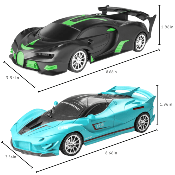 Black and Green Car: Sleek, aerodynamic, 8.66 inches long, 3.54 inches wide, and 1.96 inches tall. Blue and Black Car: Streamlined, same dimensions as above.