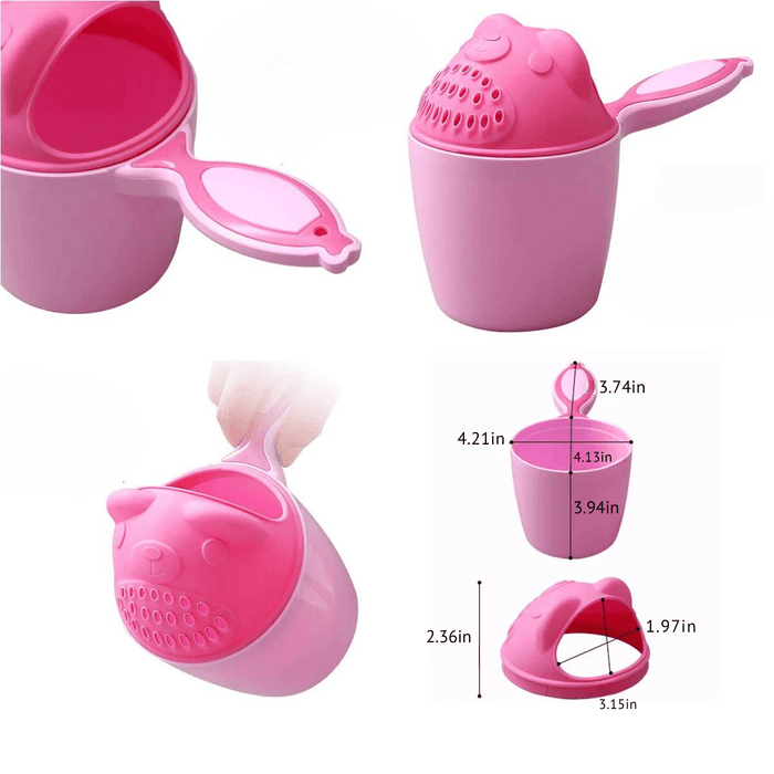 A collage of images displaying different views of the pink baby rinse cup, including a close-up of the handle and strainer. Measurements of the cup's dimensions are also included.