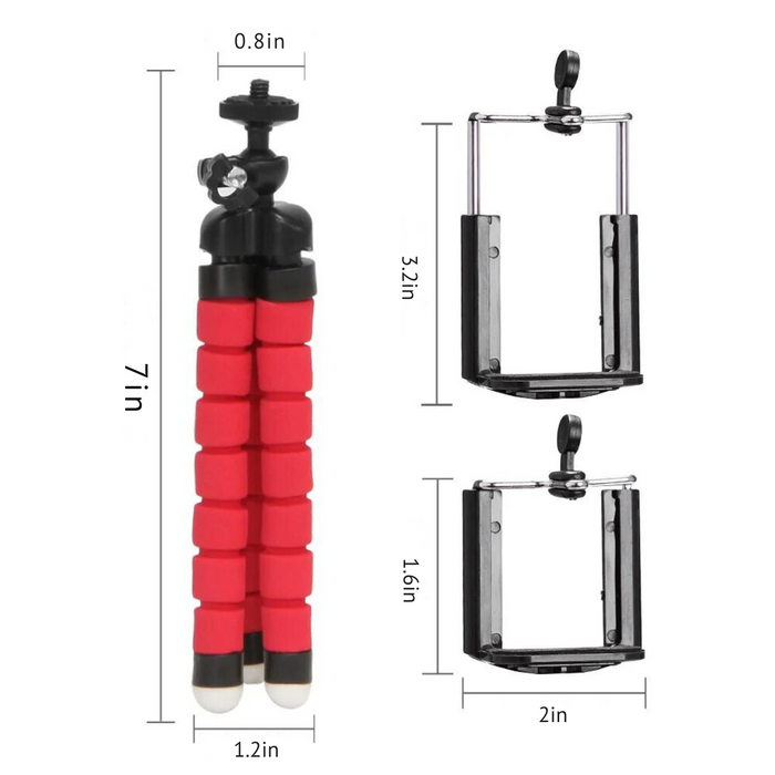 Close-up of a flexible tripod with dimensions indicated: 7 inches tall, 0.8 inches wide, and phone holder measurements.