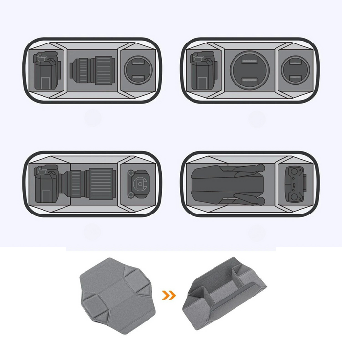 Four illustrated diagrams showing different configurations of camera gear stored inside the K&F Concept camera bag, and a view of the removable padded dividers.