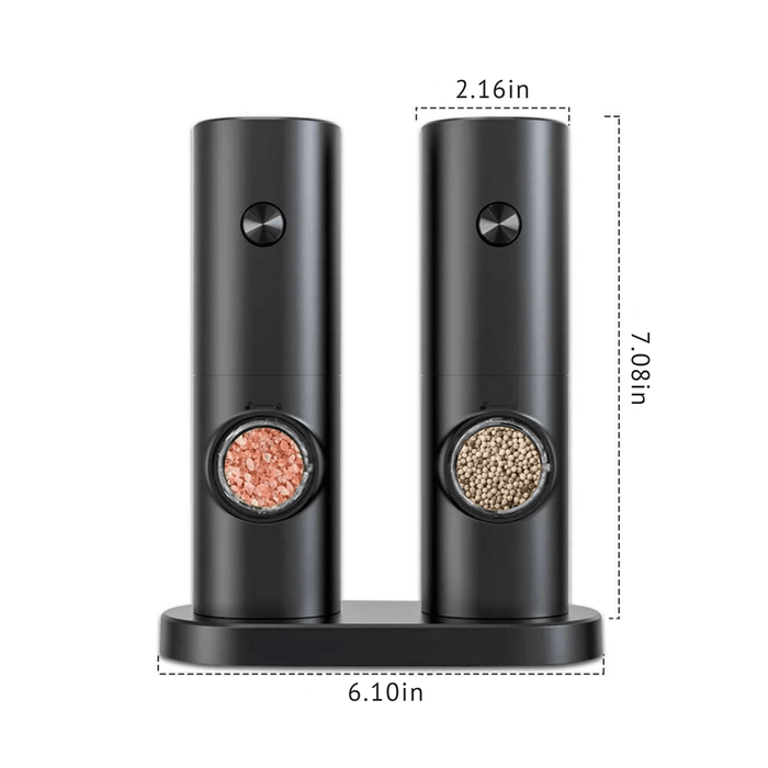 Two black electric salt and pepper grinders on a base, with dimensions of 7.08 inches in height, 2.16 inches in diameter, and a base width of 6.10 inches.