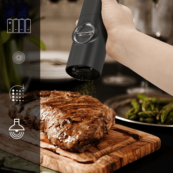 An electric grinder being used to season a cooked steak, with icons representing various features.