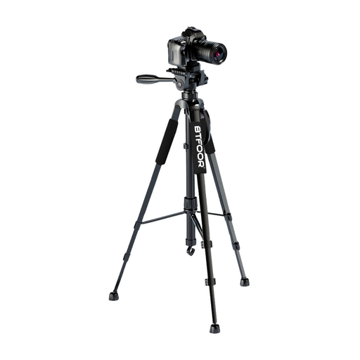 A sturdy black tripod with the brand name "BTFOOR" printed on one leg, supporting a mounted DSLR camera with a long lens. The tripod features adjustable legs, padded grips, and a handle for panning and tilting the camera.