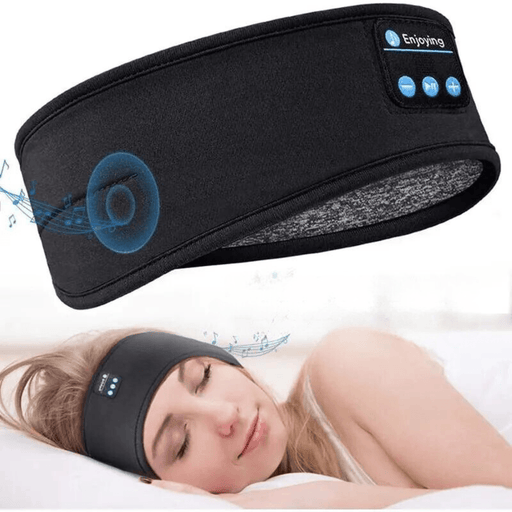 A woman with long blonde hair is peacefully sleeping on her side, wearing a black Bluetooth headband. An image of the headband itself is shown above, highlighting its built-in headphone feature.