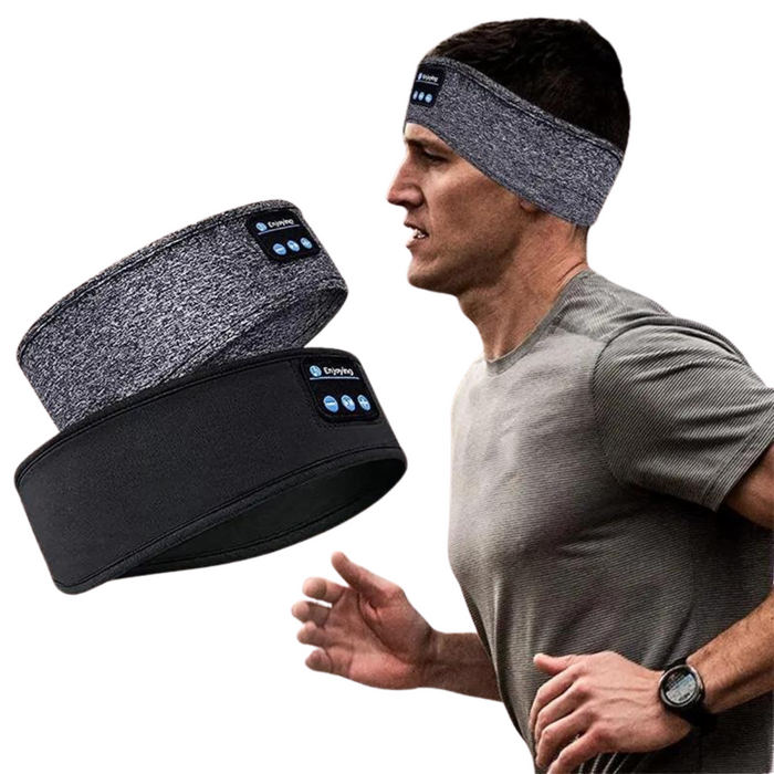 A man is jogging while wearing a Bluetooth headband. Two Bluetooth headbands are shown next to him, one in black and the other in grey.