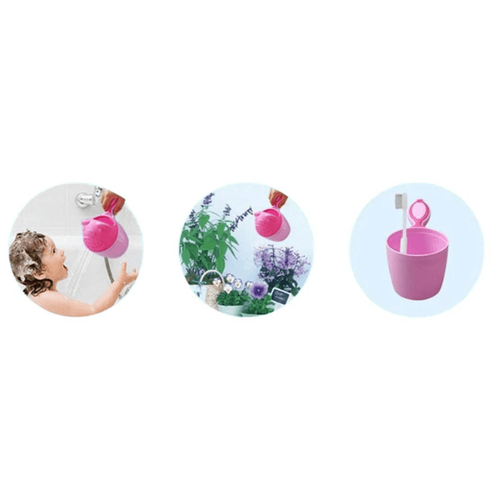 A collage of three images showcasing a pink baby rinse cup. The first image shows a child using the cup during bath time, the second image depicts the cup being used for watering plants, and the third image shows the cup holding a toothbrush.