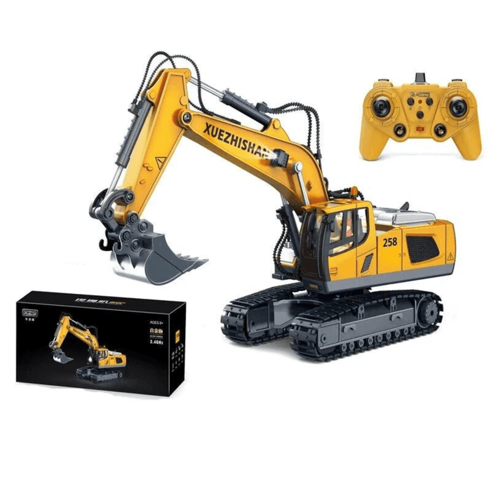 Yellow toy excavator with remote control and packaging box included.