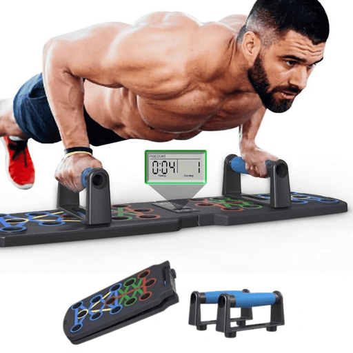 Man doing push-ups on the push-up board with a timer display.