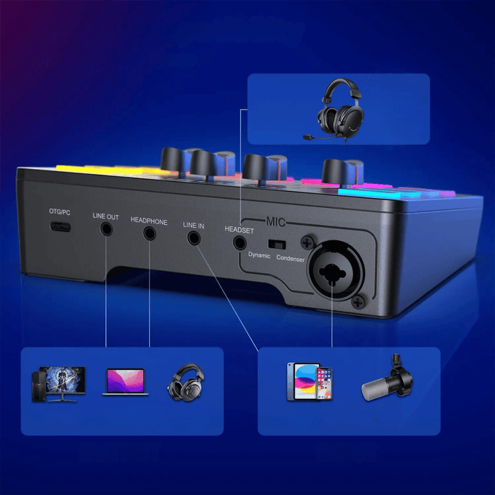 A detailed view of the back of the black audio mixer, highlighting its connectivity options. It shows various ports for connecting microphones, headphones, line-in, line-out, and other devices. The image also includes icons indicating compatibility with PCs, laptops, tablets, and smartphones, demonstrating the mixer's versatility and ease of integration with different devices.