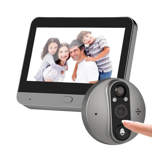 A video doorbell screen displaying a family photo, with the camera unit shown separately.