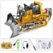 Yellow toy bulldozer with remote control and accessories.