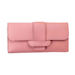 A pink wallet with a buckle closure displayed against a white background, showcasing its simple and elegant design.