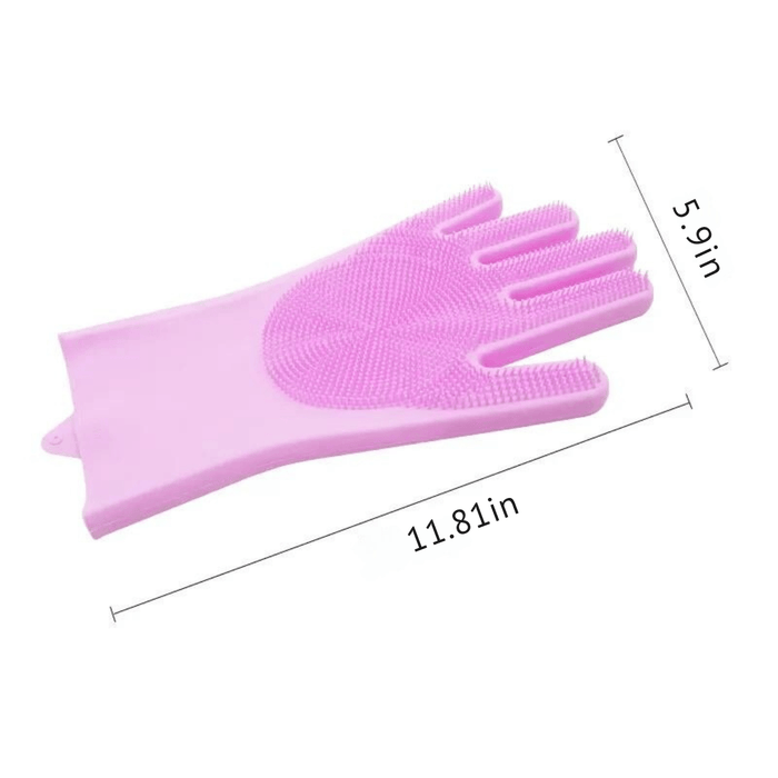 A pink silicone cleaning glove with rubber bristles on the palm and fingers is laid flat. Dimensions are shown as 11.81 inches in length and 5.9 inches in width.