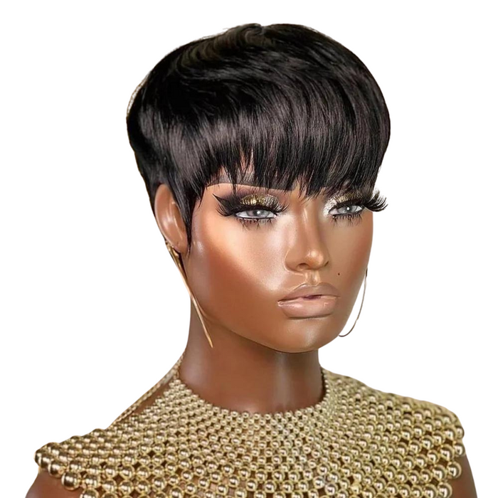 A mannequin with a short black wig styled in a sleek, straight pixie cut.