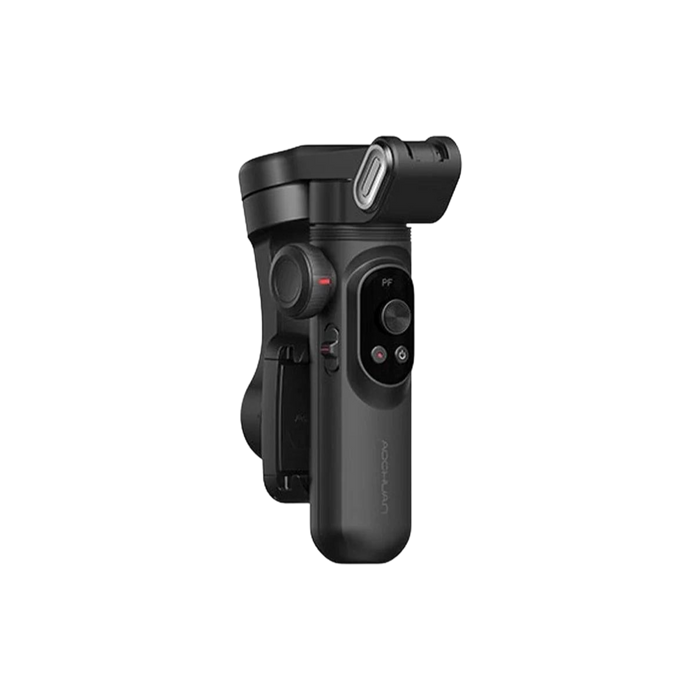 Black handheld gimbal stabilizer, highlighting its compact design and control buttons.