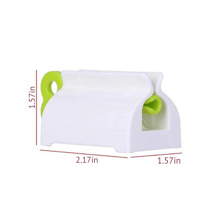 White and green toothpaste squeezer with dimensions: 2.17 x 1.57 x 1.57 inches.