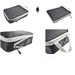 A single black packing cube shown in various views: top view, side view, and close-up of the zipper and handle. The cube is compact and rectangular with a gray zipper and handle.