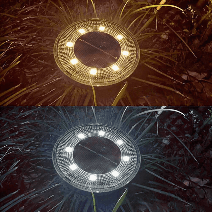 Two images of solar garden lights placed among plants, showing their bright LED lights illuminating the surrounding vegetation at night, with one image displaying warm white light and the other cool white light.