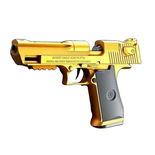 A single gold toy pistol with a black handle isolated on a white background.