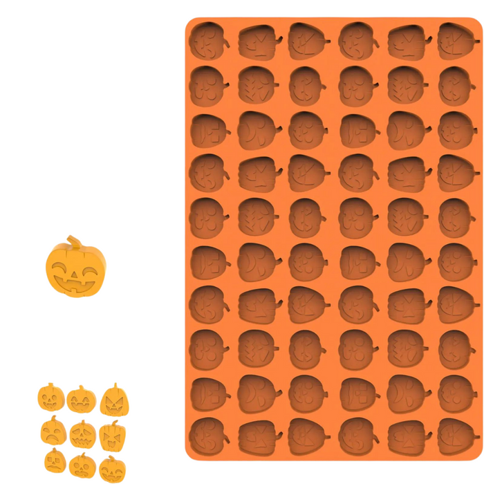 Orange pumpkin-shaped silicone mold with various facial expressions.