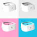 Four pet bowls with white exteriors and different interior colors: grey, pink, blue.