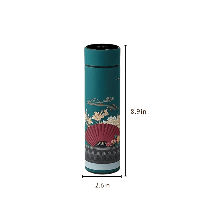 A teal thermos with floral and fan design, showing its dimensions: 8.9 inches in height and 2.6 inches in diameter.