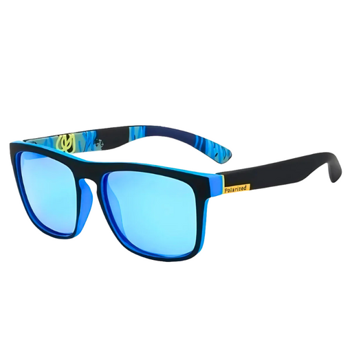 Rectangular sunglasses with black frames, blue mirrored lenses, and blue patterned inner arms.