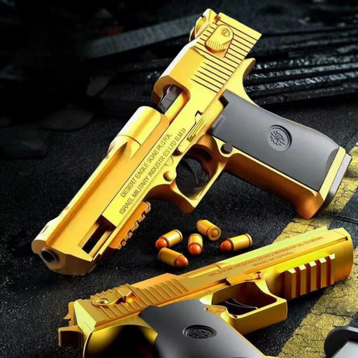 Two gold toy pistols with black handles displayed with toy bullets on a dark surface.