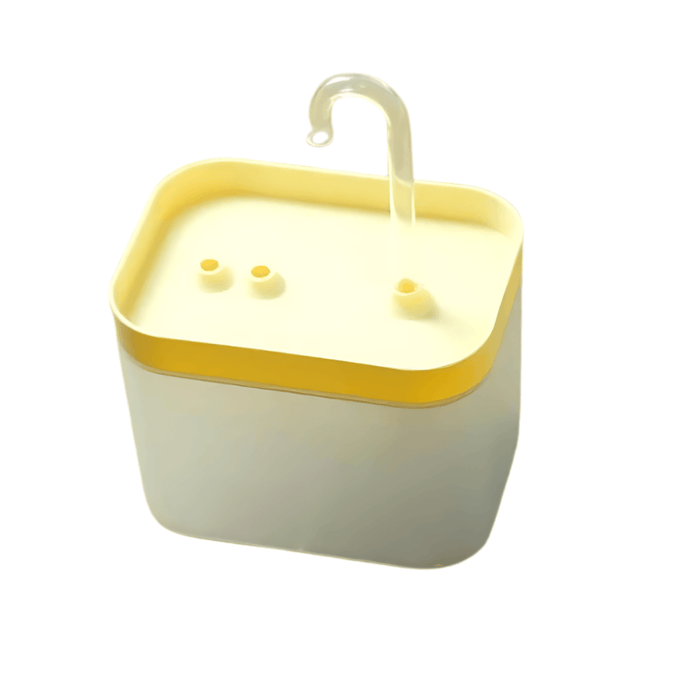 A pet water fountain with a light yellow top and a white base, featuring a clear curved spout and two small circular openings on the top.