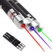 Three black laser pointers emitting red, blue, and green beams, positioned closely together.