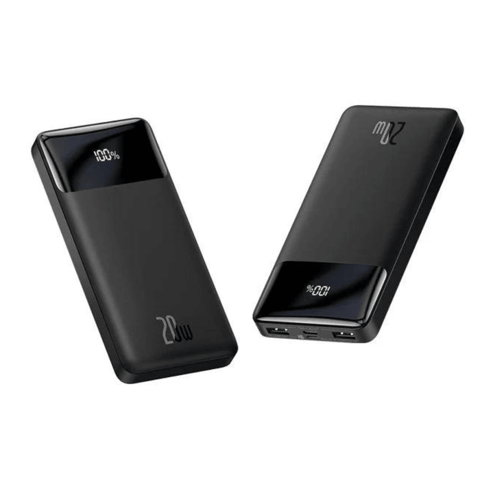  Two black power banks side by side, both with digital displays indicating battery percentage. The compact and modern design is emphasized.