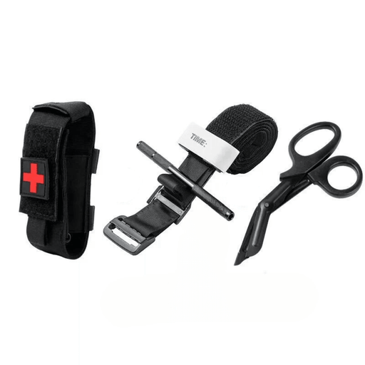 A set of emergency medical gear including a black tourniquet, black medical scissors, and a black pouch with a red cross.