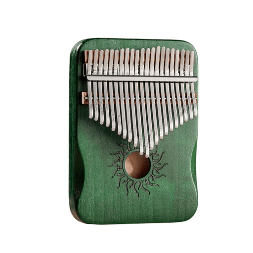 A green kalimba with a sun design around the sound hole and metal tines.