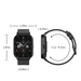 The image provides the dimensions of the smartwatch, including a 1.49-inch width, 1.85-inch height, 0.43-inch thickness, and an adjustable strap length ranging from 5.12 to 9.25 inches.