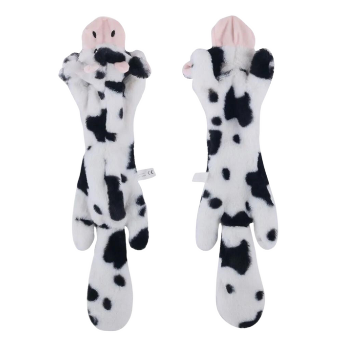 A plush dog toy resembling a cow with a furry tail, shown from the front and the back.